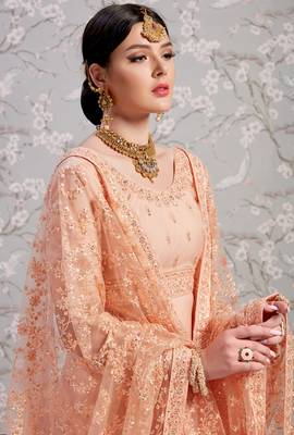 Peach Thread Embroidered Net Unstitched Lehenga Choli For Bridal 3