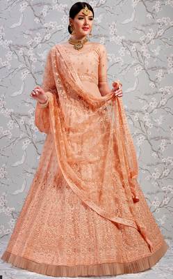 Peach Thread Embroidered Net Unstitched Lehenga Choli For Bridal 4