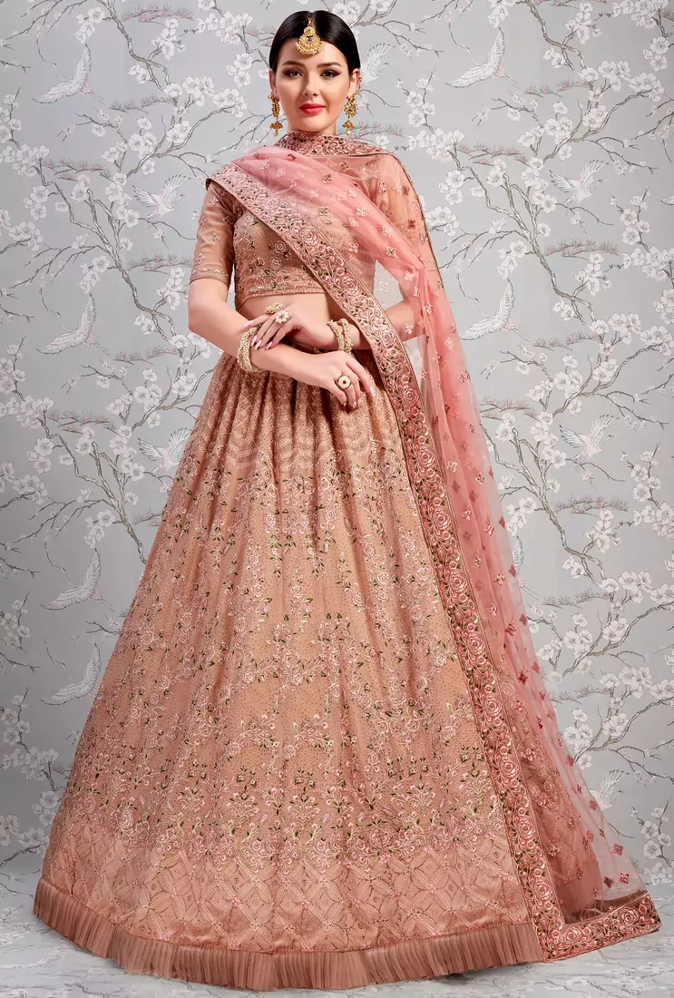 Baby Pink Thread Embroidered Georgette Semi Stitched wedding lehenga for Bridal