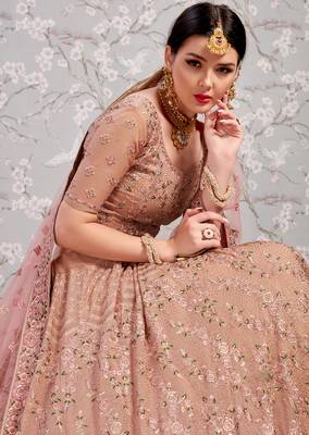 Baby Pink Thread Embroidered Georgette Semi Stitched wedding lehenga for Bridal 3