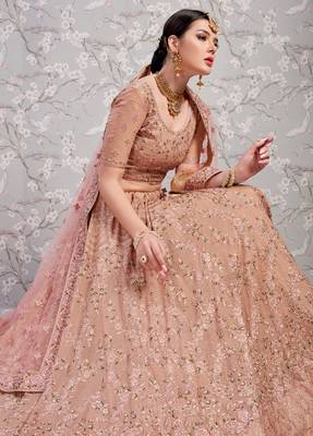 Baby Pink Thread Embroidered Georgette Semi Stitched wedding lehenga for Bridal 4