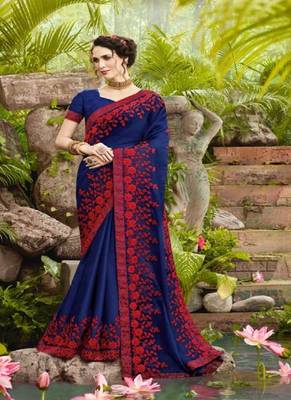   navy blue embroidered fancy fabric saree with blouse 1