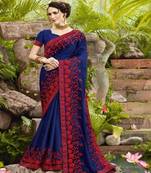   navy blue embroidered fancy fabric saree with blouse