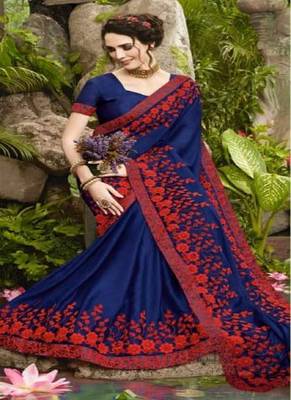   navy blue embroidered fancy fabric saree with blouse 2