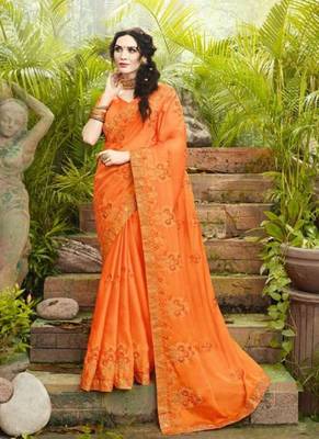 Orange embroidered fancy fabric saree with blouse 1