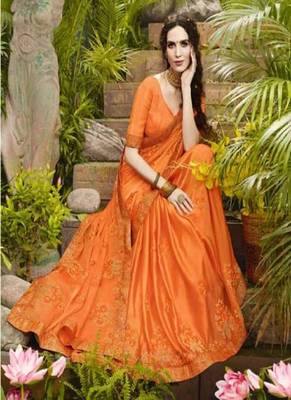 Orange embroidered fancy fabric saree with blouse 2