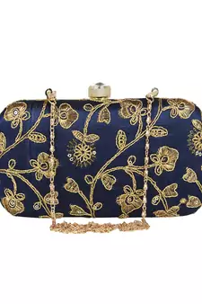 Tulle Embroidered Faux Silk Clutch Navy Blue & Gold
