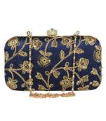 Tulle Embroidered Faux Silk Clutch Navy Blue & Gold
