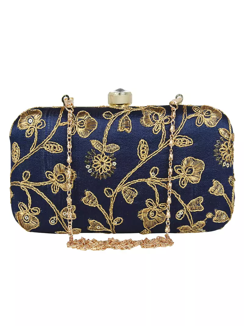 Tulle Embroidered Faux Silk Clutch Navy Blue & Gold
