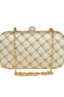 Tulle Embroidered & Embellished Faux Silk Clutch Off-White & Gold