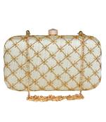 Tulle Embroidered & Embellished Faux Silk Clutch Off-White & Gold