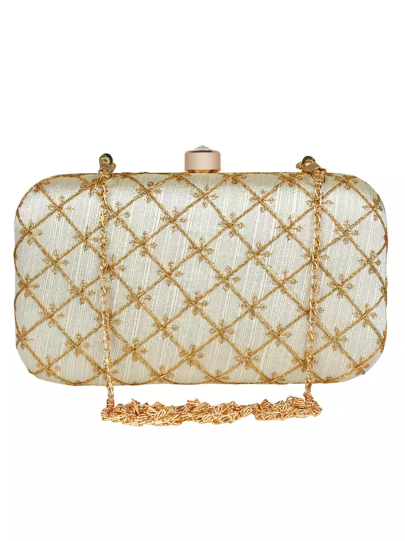 Tulle Embroidered & Embellished Faux Silk Clutch Off-White & Gold