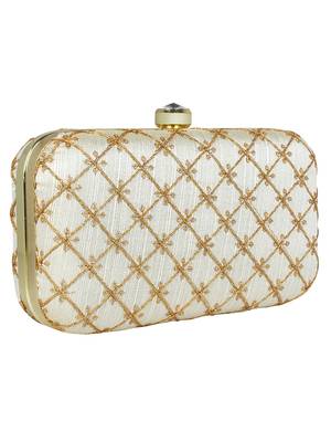 Tulle Embroidered & Embellished Faux Silk Clutch Off-White & Gold 2