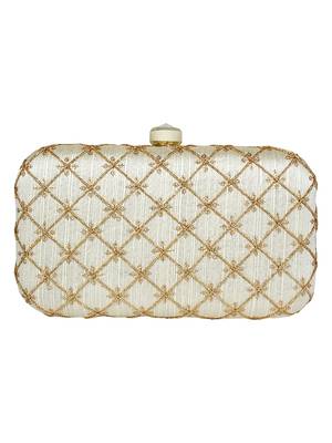 Tulle Embroidered & Embellished Faux Silk Clutch Off-White & Gold 3