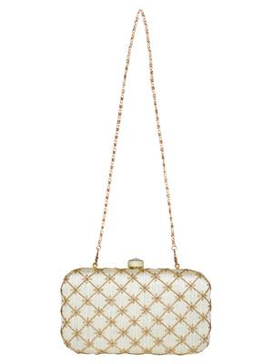 Tulle Embroidered & Embellished Faux Silk Clutch Off-White & Gold 4