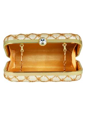 Tulle Embroidered & Embellished Faux Silk Clutch Off-White & Gold 5