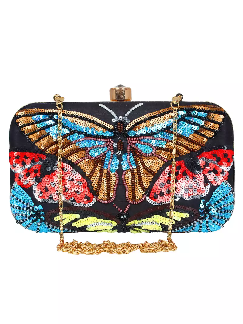 Adorn Embellished Faux Silk Clutch Black & Multi