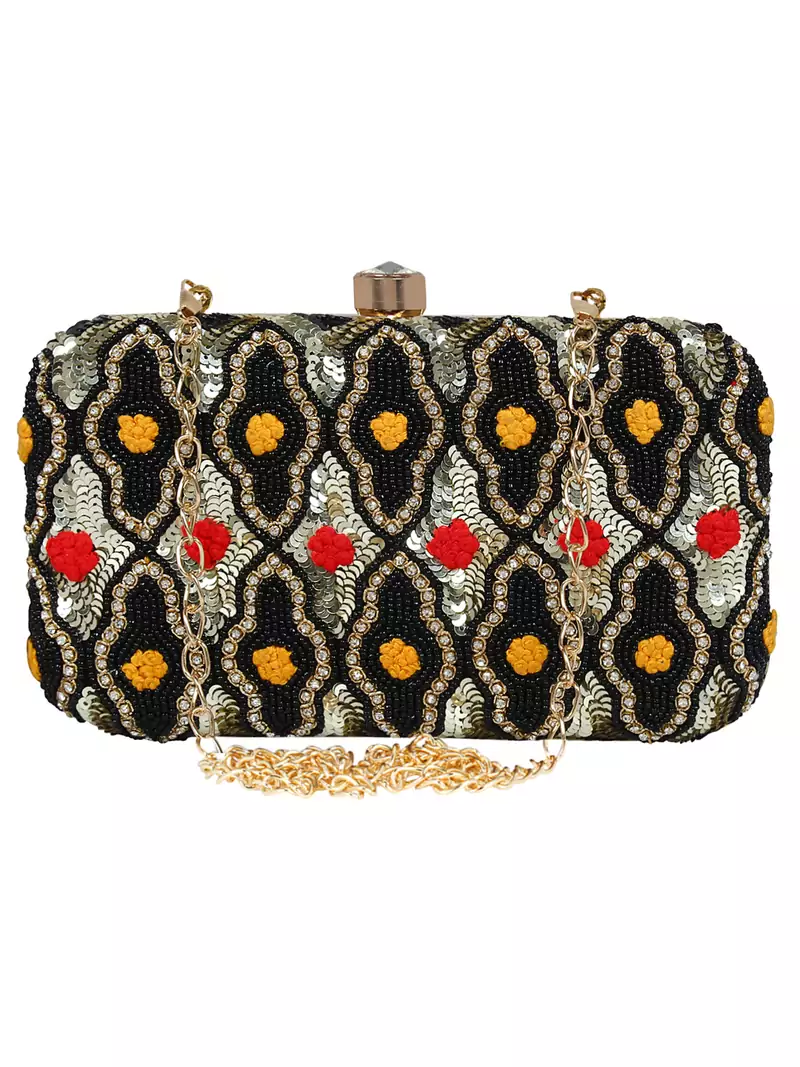 Adorn Embroidered & Embellished Faux Silk Clutch Black & Multi