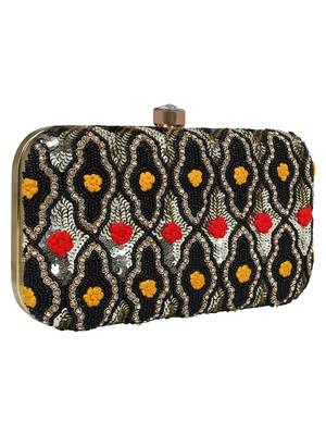 Adorn Embroidered & Embellished Faux Silk Clutch Black & Multi 2
