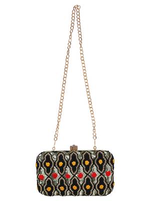 Adorn Embroidered & Embellished Faux Silk Clutch Black & Multi 4