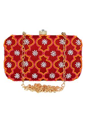 Adorn Embellished Cotton Polyester Clutch Red & Multi 1
