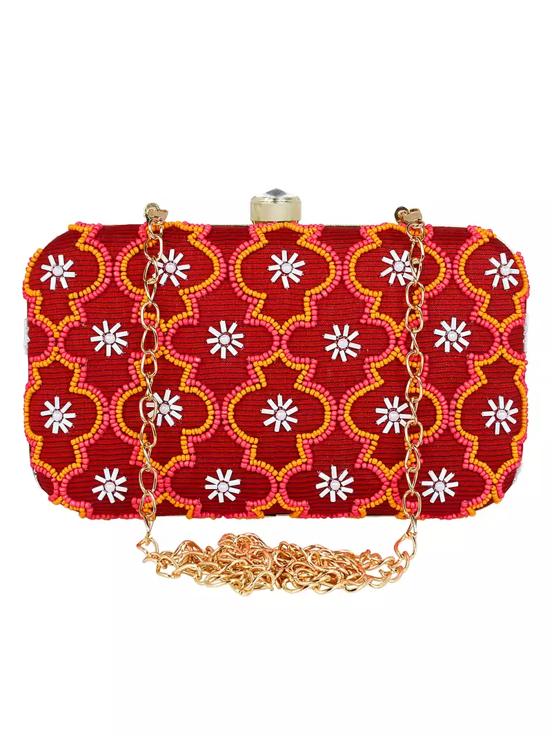 Adorn Embellished Cotton Polyester Clutch Red & Multi