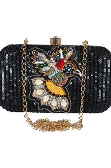 Adorn Embellished Faux Silk Clutch Black & Multi