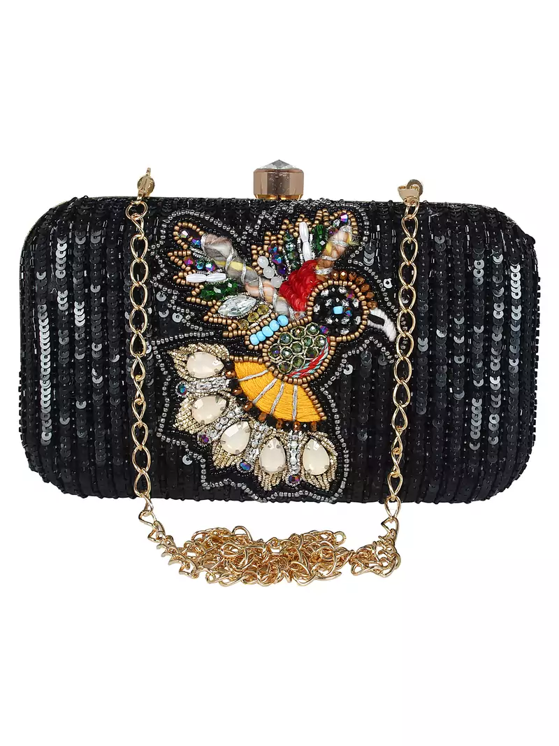 Adorn Embellished Faux Silk Clutch Black & Multi