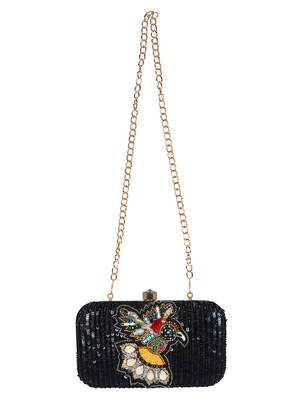 Adorn Embellished Faux Silk Clutch Black & Multi 4