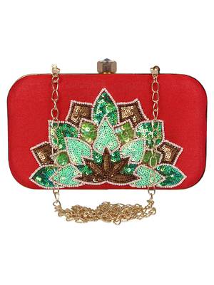 Adorn Embellished Faux Silk Clutch Red & Multi 1