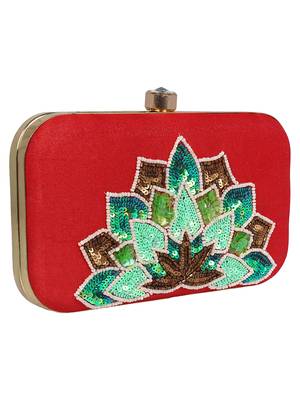Adorn Embellished Faux Silk Clutch Red & Multi 2