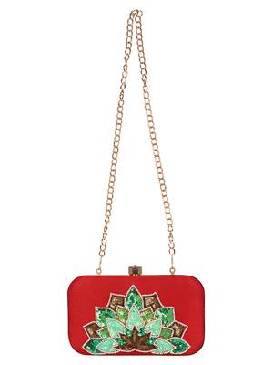 Adorn Embellished Faux Silk Clutch Red & Multi 4