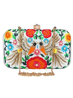 Adorn Embroidered & Embellished Faux Silk Clutch White & Multi 1