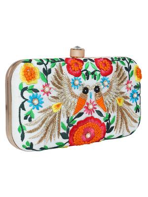 Adorn Embroidered & Embellished Faux Silk Clutch White & Multi 2