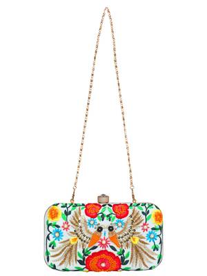 Adorn Embroidered & Embellished Faux Silk Clutch White & Multi 4