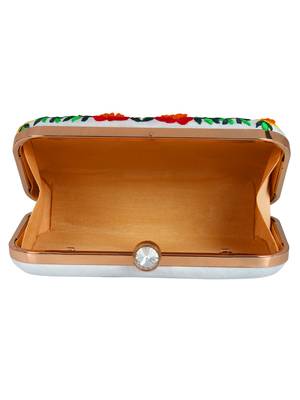 Adorn Embroidered & Embellished Faux Silk Clutch White & Multi 5