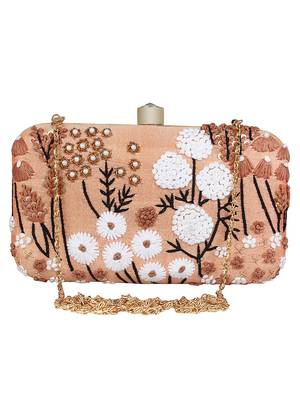 Adorn Embroidered & Embellished Faux Silk Clutch Peach & Multi 1