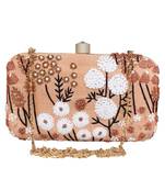 Adorn Embroidered & Embellished Faux Silk Clutch Peach & Multi