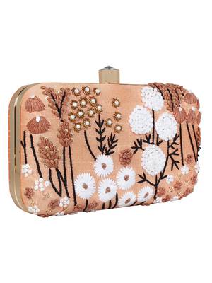 Adorn Embroidered & Embellished Faux Silk Clutch Peach & Multi 2