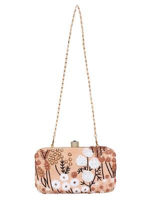 Adorn Embroidered & Embellished Faux Silk Clutch Peach & Multi 4