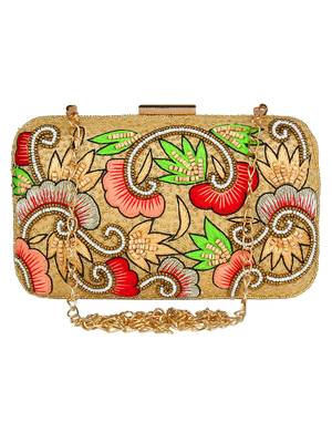 Adorn Embroidered & Embellished Faux Silk Clutch Beige & Multi 1