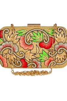 Adorn Embroidered & Embellished Faux Silk Clutch Beige & Multi