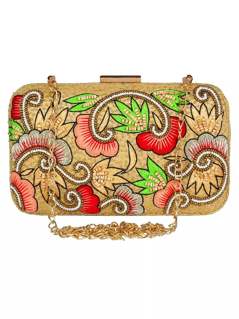 Adorn Embroidered & Embellished Faux Silk Clutch Beige & Multi