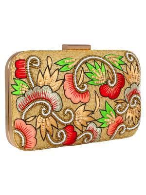 Adorn Embroidered & Embellished Faux Silk Clutch Beige & Multi 2