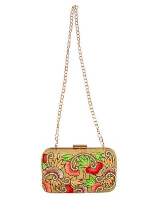 Adorn Embroidered & Embellished Faux Silk Clutch Beige & Multi 4