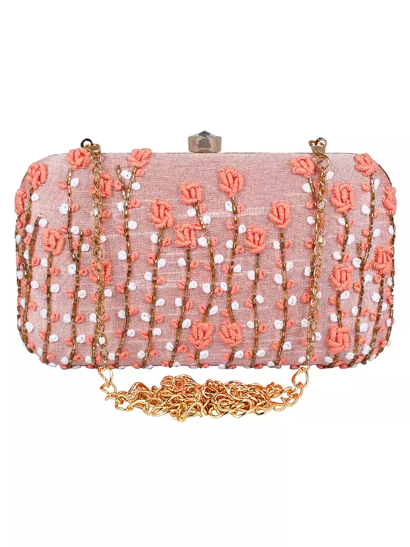 Adorn Embroidered & Embellished Faux Silk Clutch Baby Pink