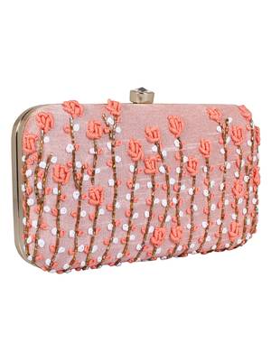 Adorn Embroidered & Embellished Faux Silk Clutch Baby Pink 2