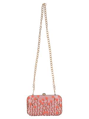 Adorn Embroidered & Embellished Faux Silk Clutch Baby Pink 4