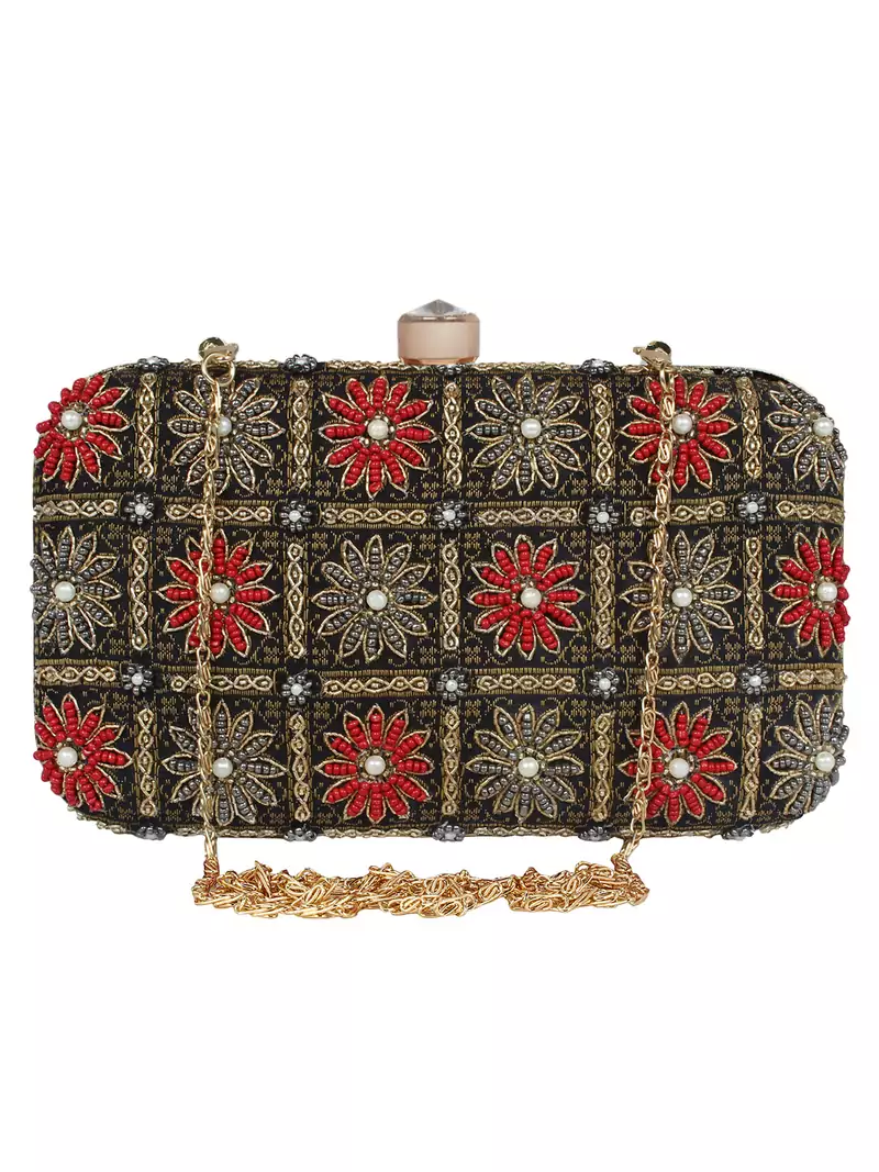 Adorn Embellished Faux Silk Clutch Black & Multi