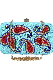 Adorn Embellished Faux Silk Clutch Sky Blue & Red